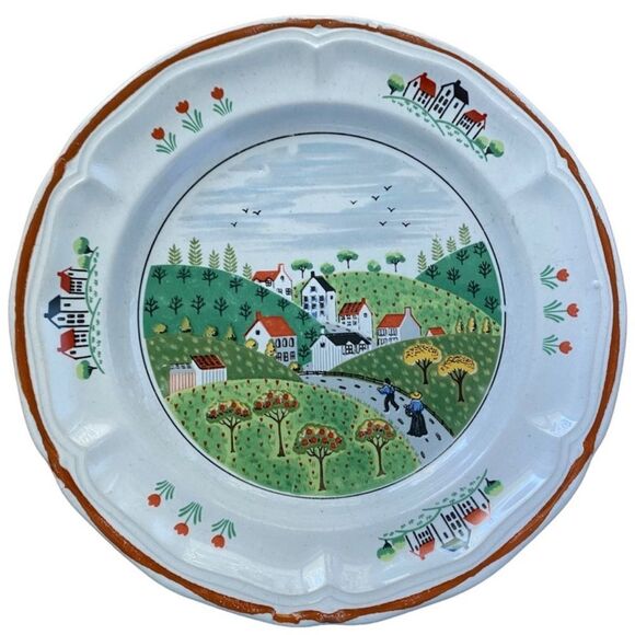 Newcor Stoneware 10 1/2 In Large Dinner Plates Country Village Scene Japan Set 2 - Picture 8 of 11